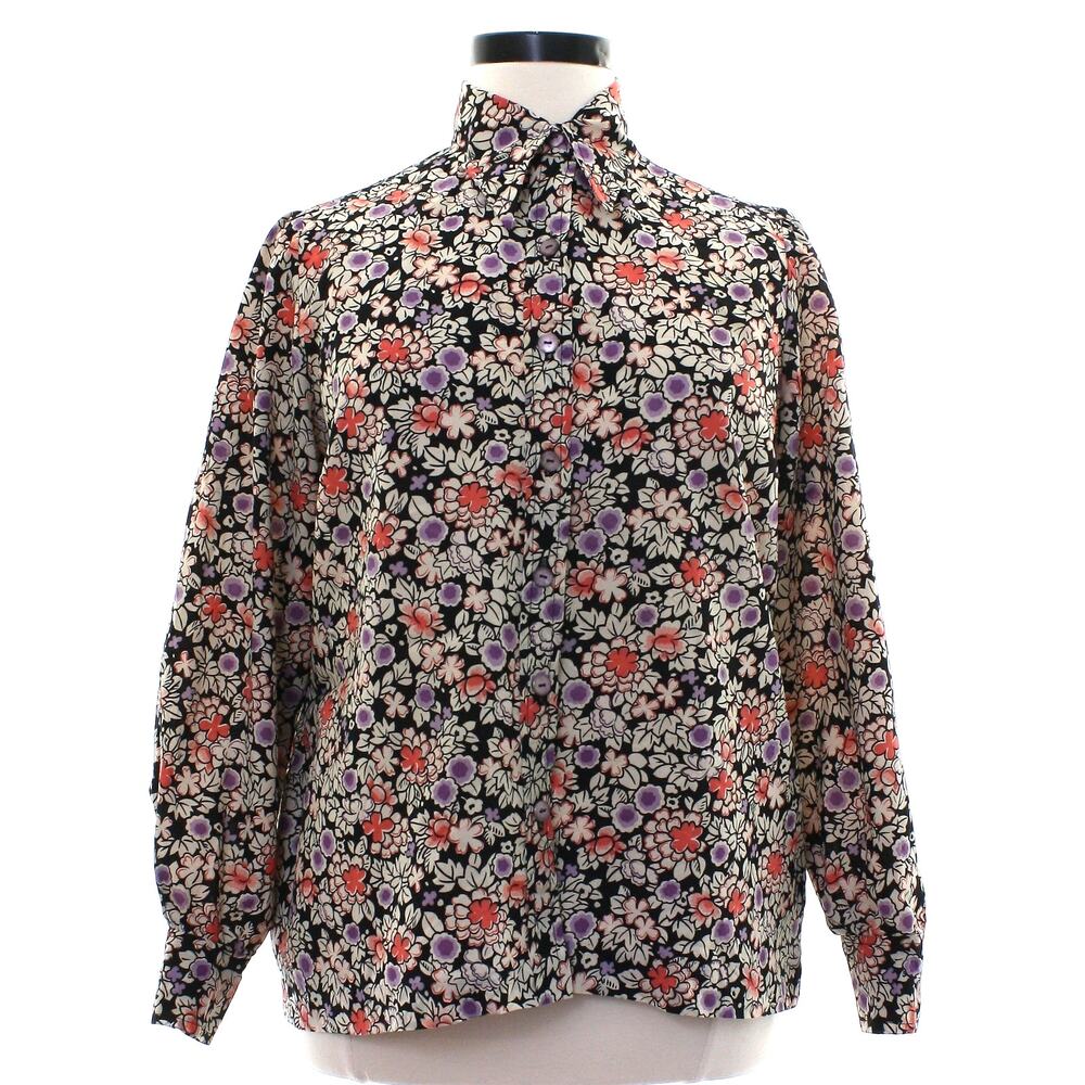Vintage 70s Floral Blouse Black Cream Lavender Long Sleeve Women's Large